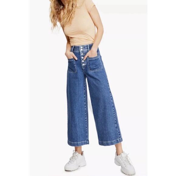 WE THE FREE PEOPLE Colette Crop High-Rise Wide-Leg Button-Fly Jeans Denim Sz 26 - Picture 1 of 5
